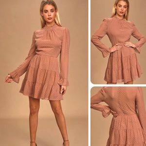 Roam-ance Rusty Rose Swiss Dot Long Sleeve Mini Dress